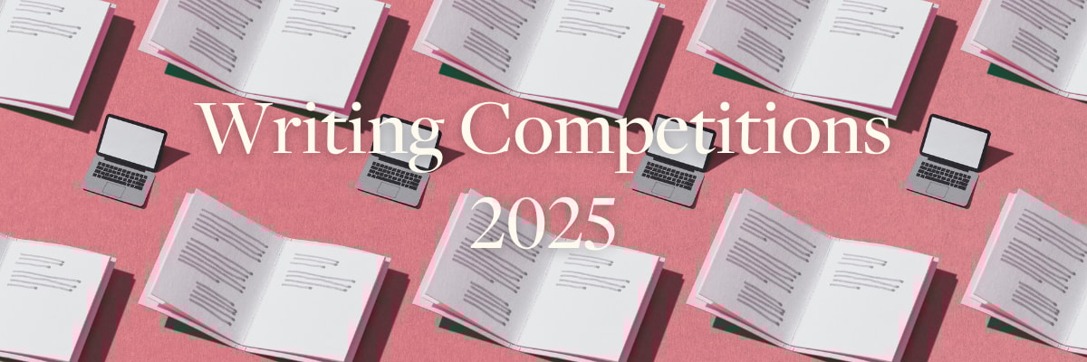 A repeated pattern of a pink notebook with writing in it, alternated with an open laptop, emblazoned with the words Writing Competitions 2025.