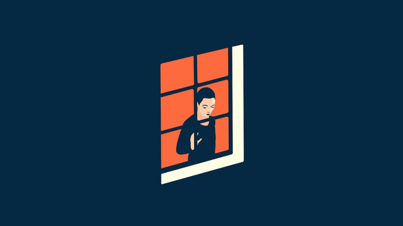 A figure stands at a window, looking down at the outside view, their hand on the pane of glass.