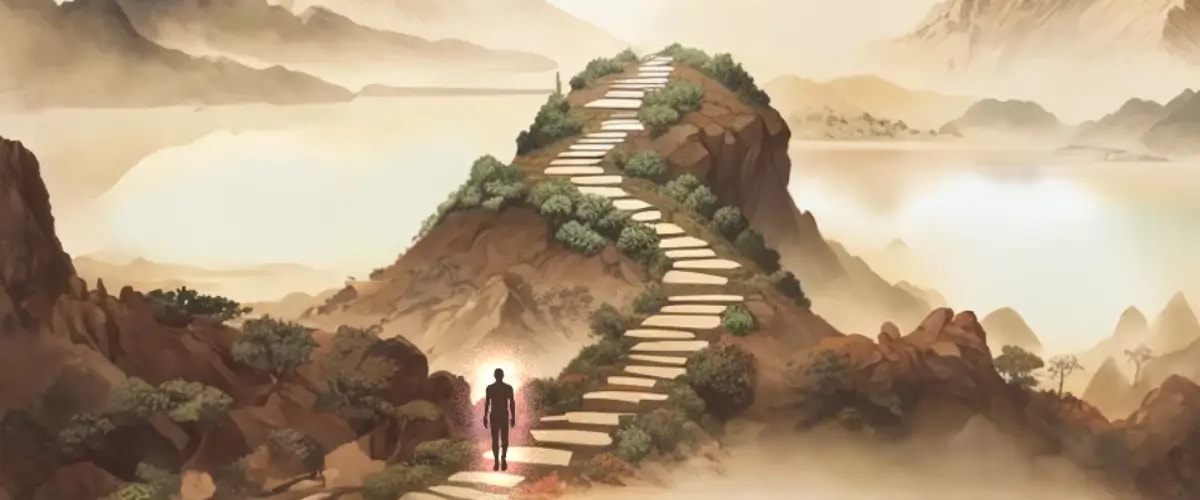 An illustrated figure stands at the bottom of a crooked path leading up to the top of a mountain, a wide and sunny vista visible beyond the peak.
