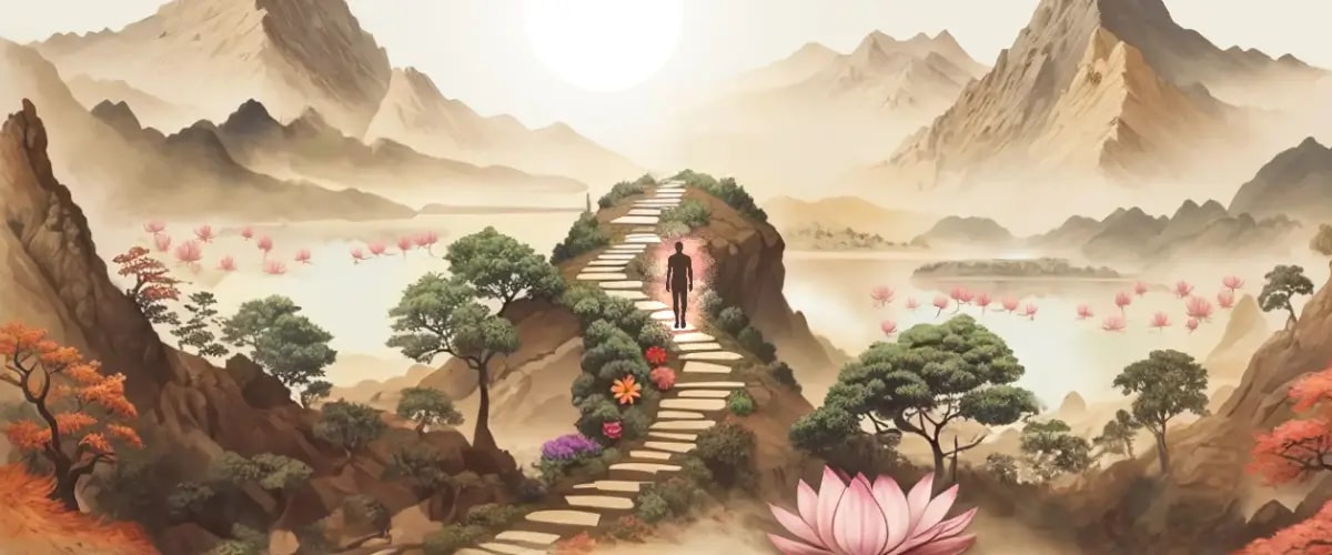 The illustrated figure from the earlier image is heading up to the top of the mountain, this time halfway up the crooked path, with flowers and trees beginning to bloom around the landscape.