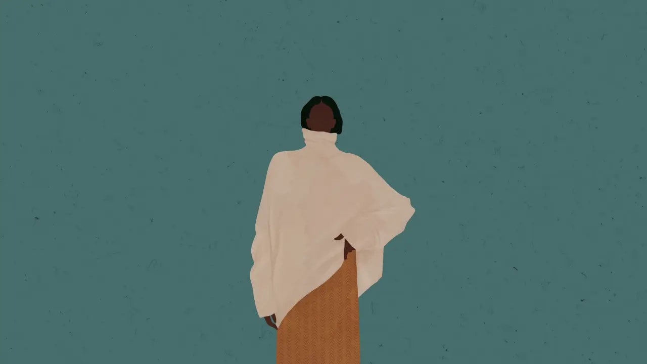 A female character in a large sweater, face partially hidden, staring straight ahead with her hand on her hip.