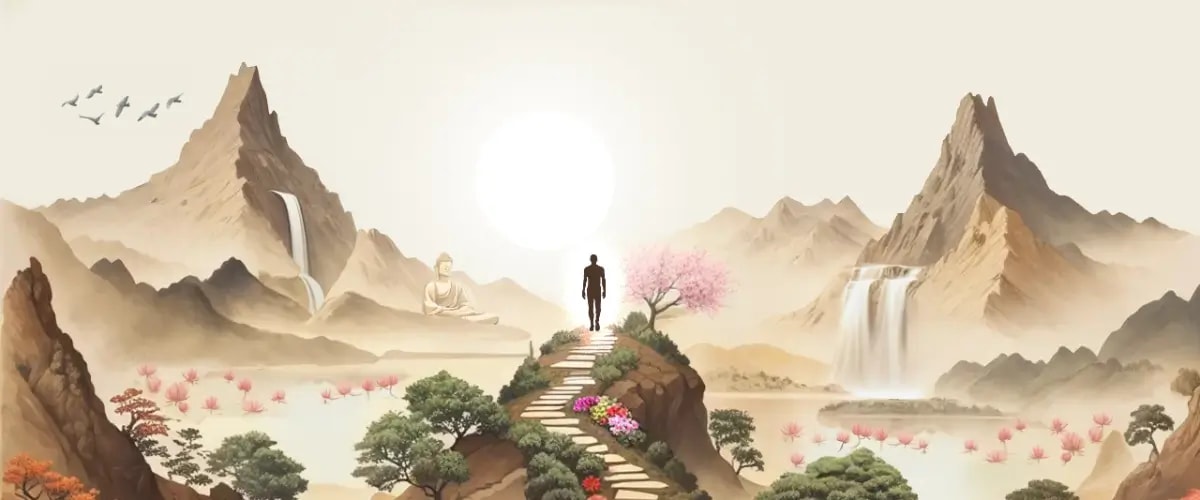 The full view of the hand-drawn figure at the summit is revealed, with other mountainous peaks in the distance and birds in the sky.