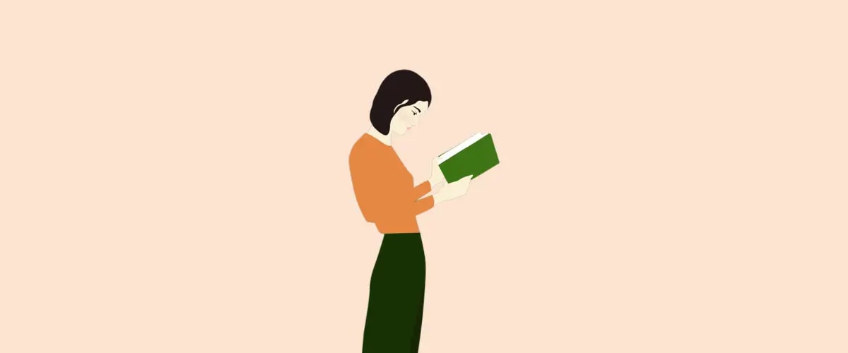 An illustrated woman stands in the center of the view, staring down into an open book with a green cover.