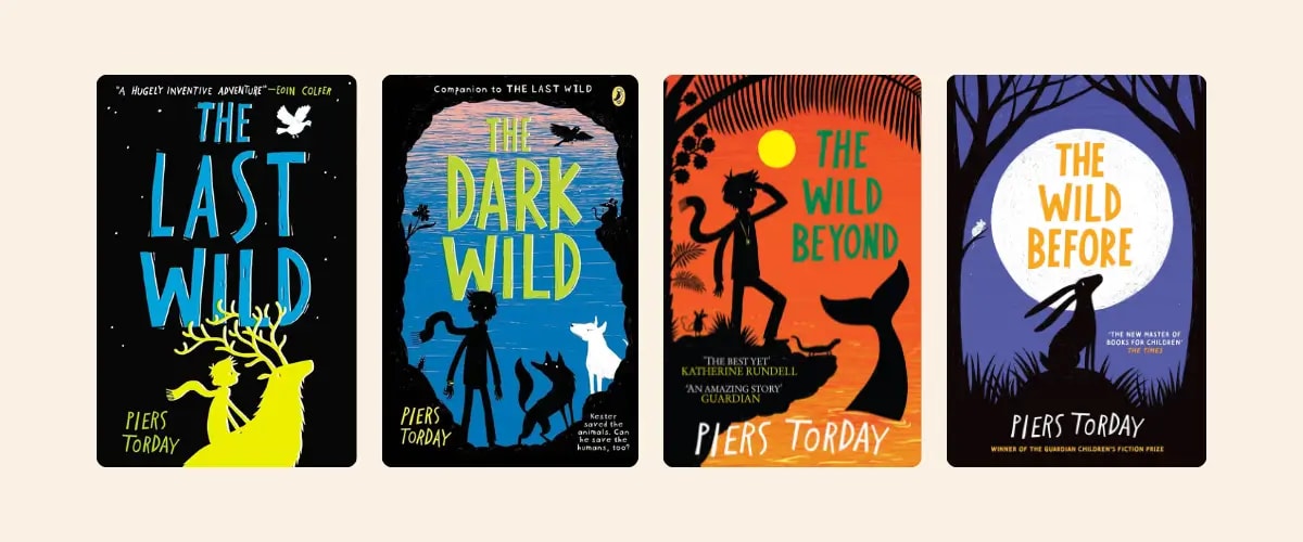 Covers of the Piers Torday books The Last Wild, The Dark Wild, The Wild Beyond, and The Wild Before.