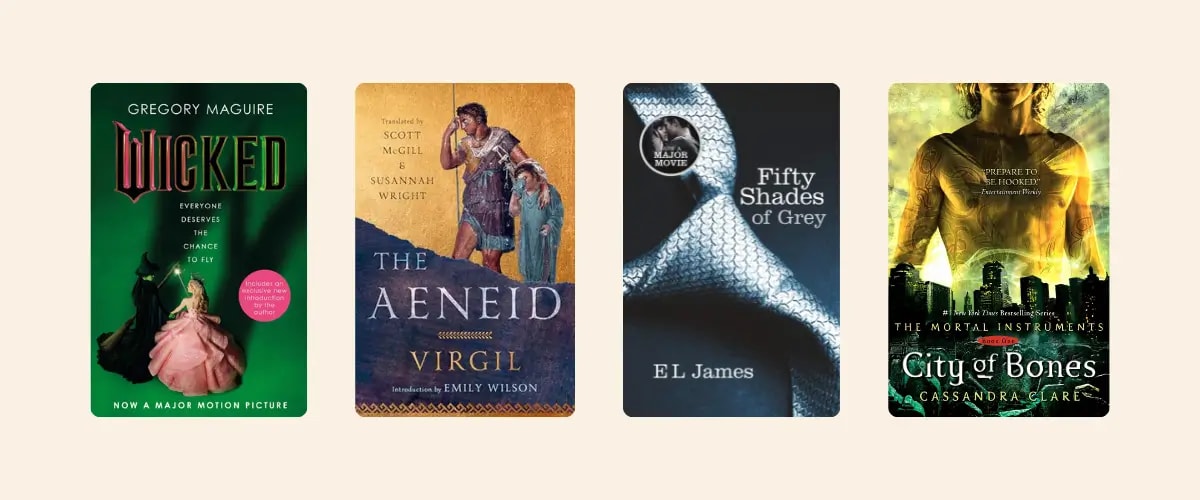 Covers of the books Wicked by Gregory Maguire, The Aeneid by Virgil, Fifty Shades of Grey by E.L. James, and City of Bones by Cassandra Clare.