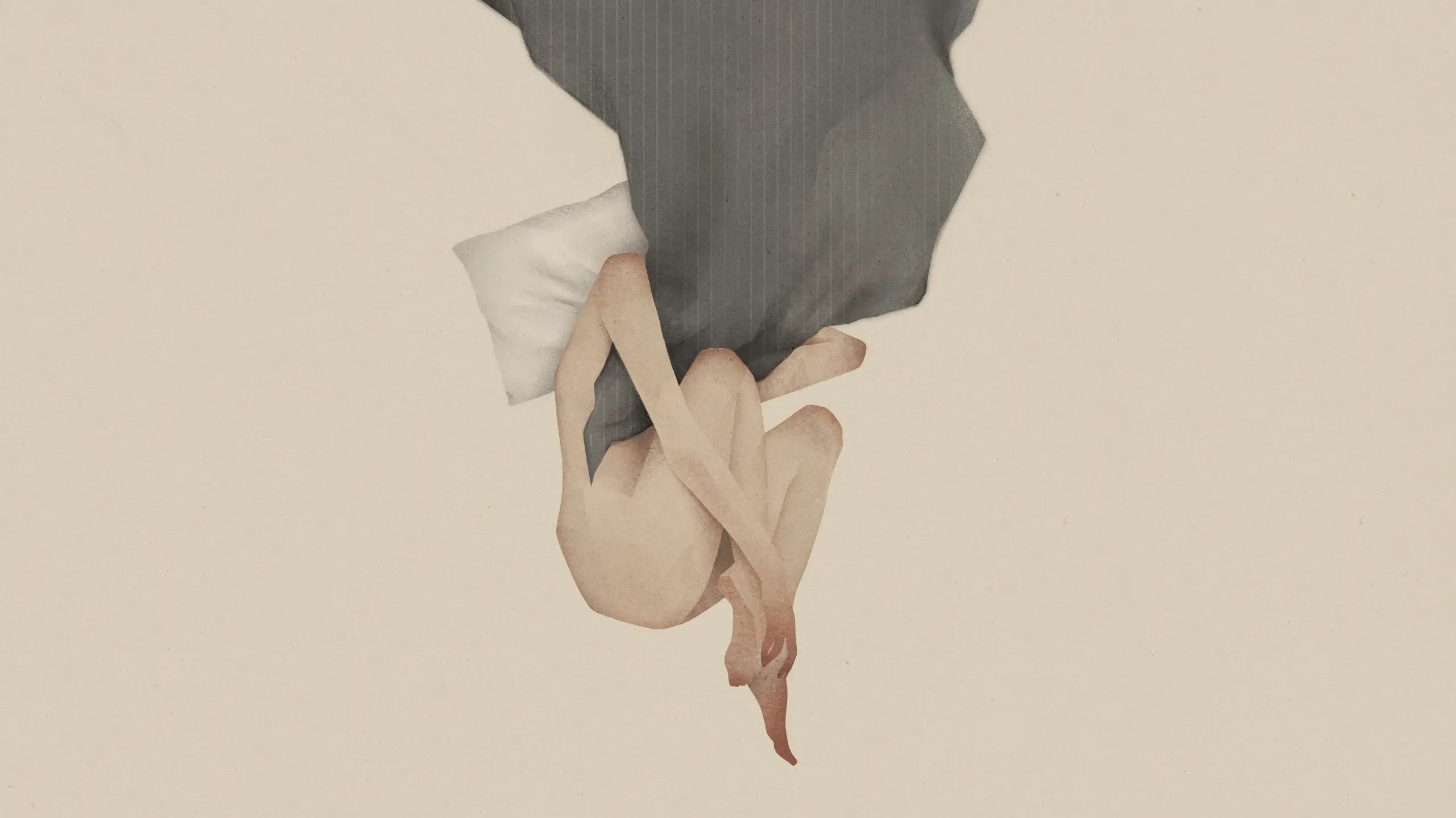 An illustrated figure laying down naked with their knees pulled up and head on a pillow, a blanket covering their face.