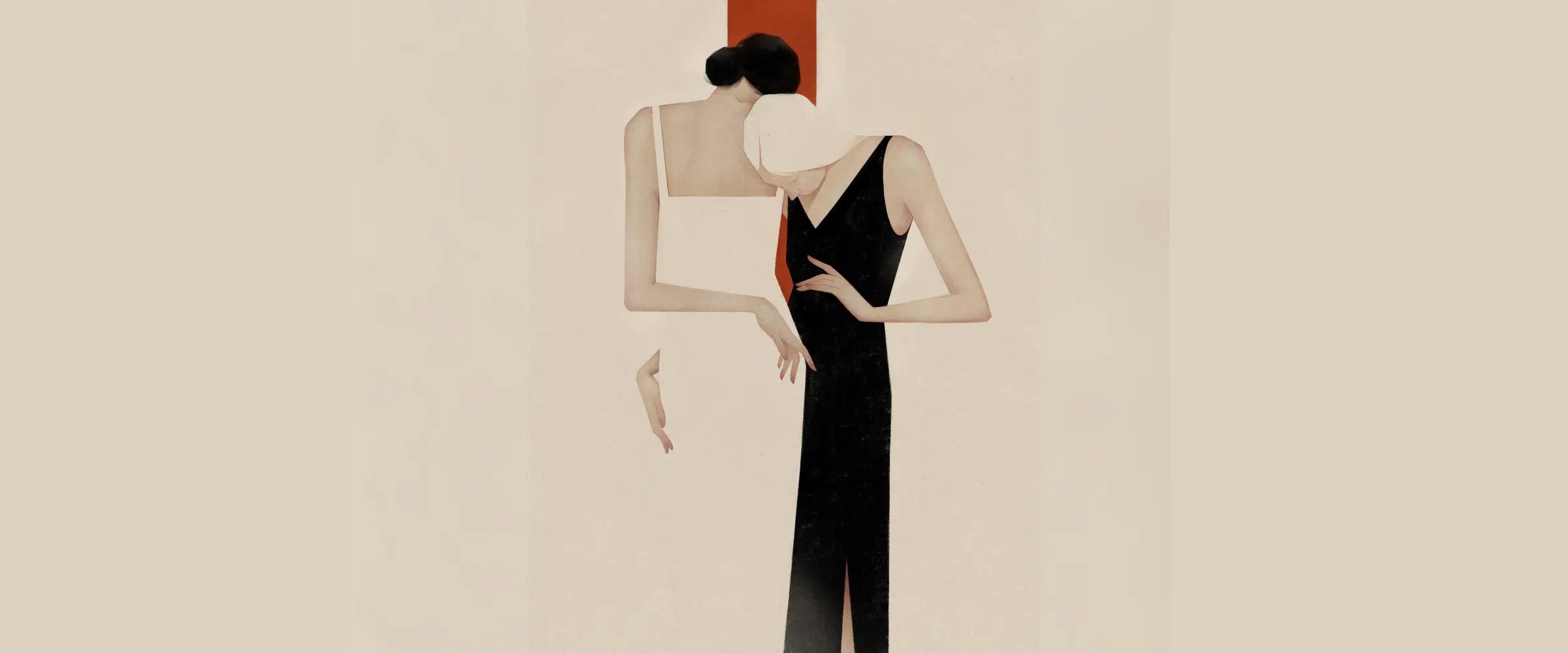 Two illustrated figures in dresses, standing close beside each other and looking down.