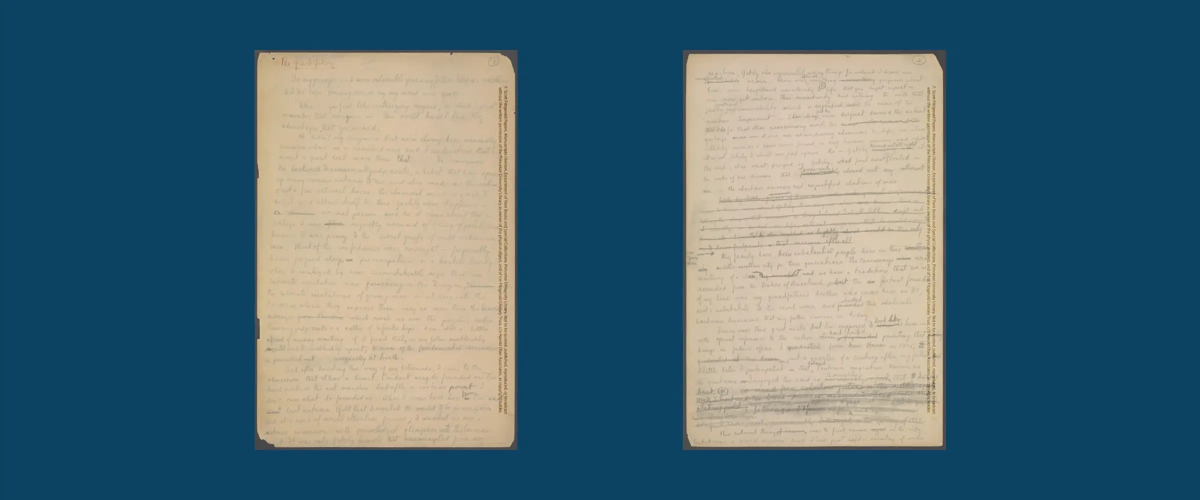 Two pages of F. Scott Fitzgerald's original handwritten manuscript of The Great Gatsby.