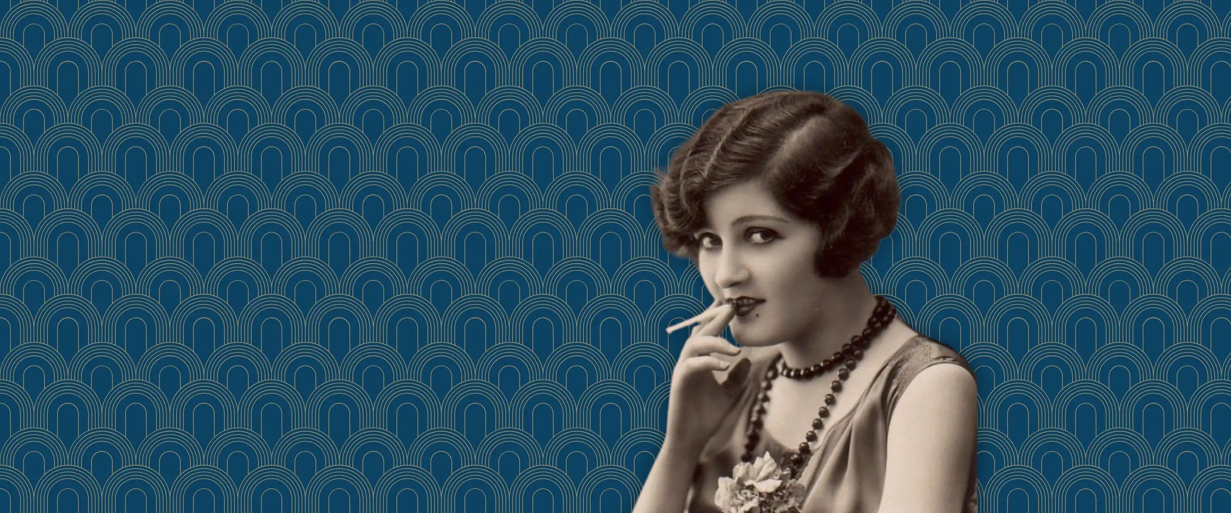 Zelda Fitzgerald in full 1920s fashion, smoking a cigarette, against a blue and gold Art Deco-style background.