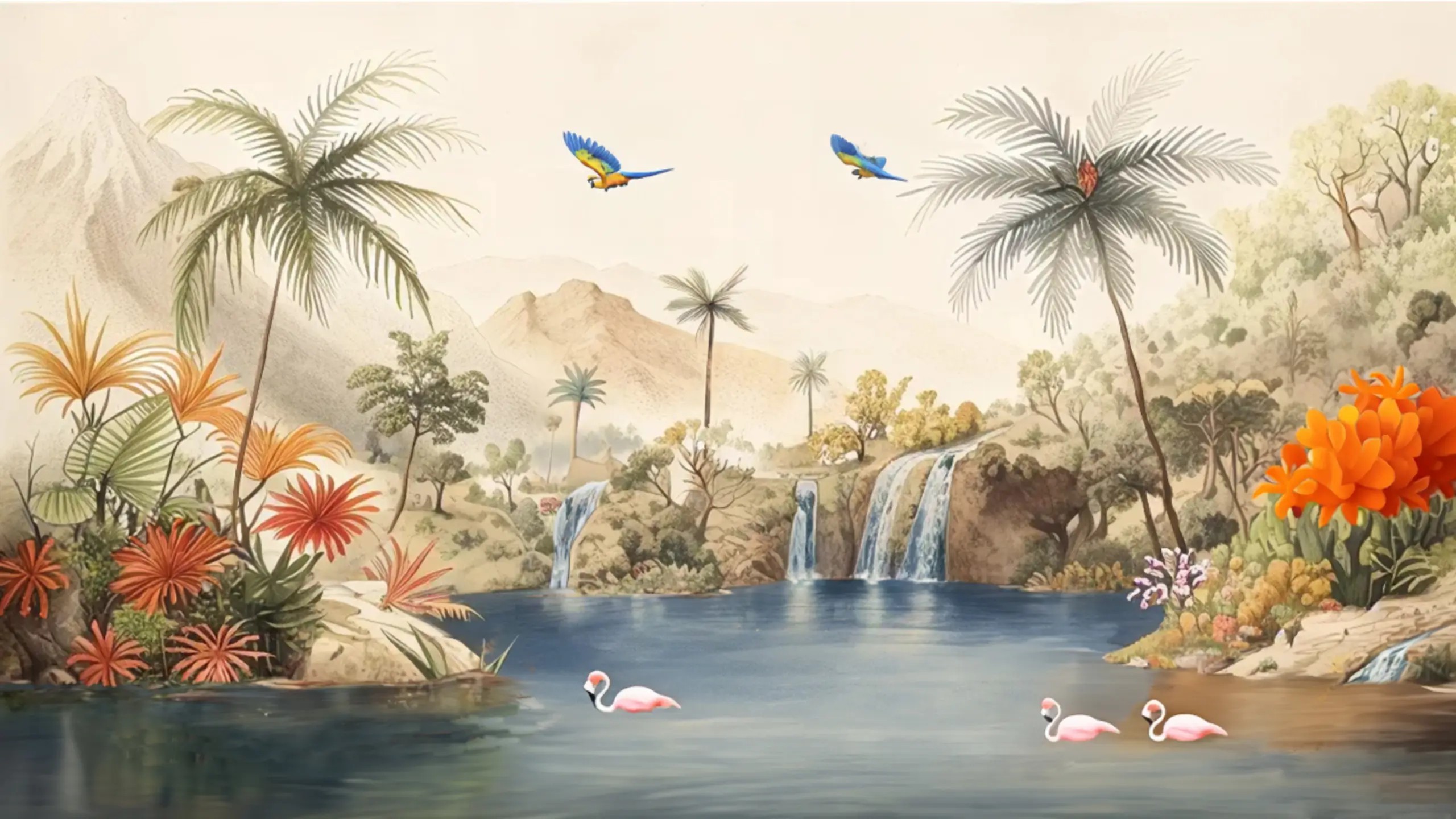 Illustration of a lagoon and waterfall, surrounded by verdant trees and a mountainous backdrop.