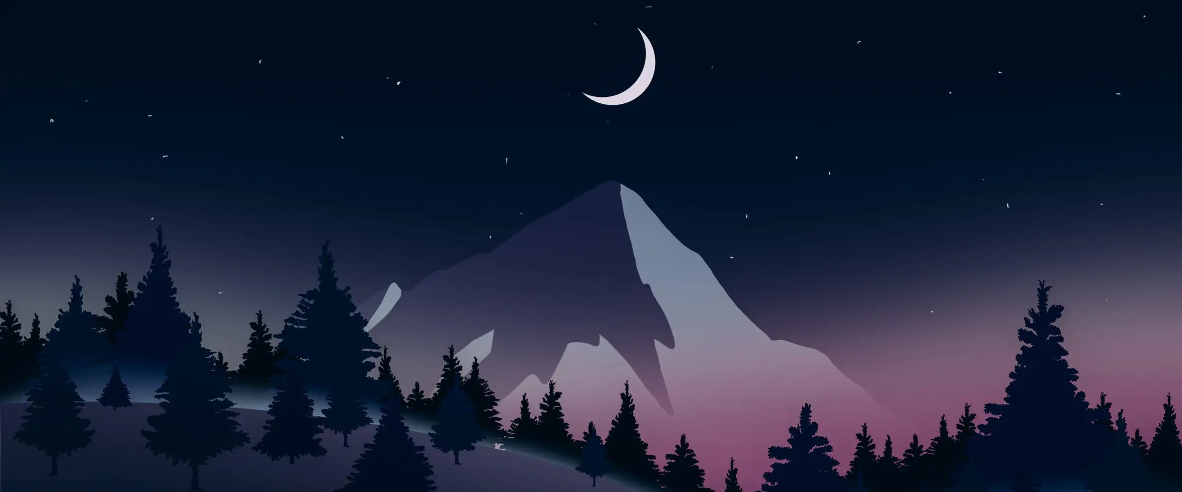 Illustration of a tree-filled landscape at night with a crescent moon hanging over a mountain.