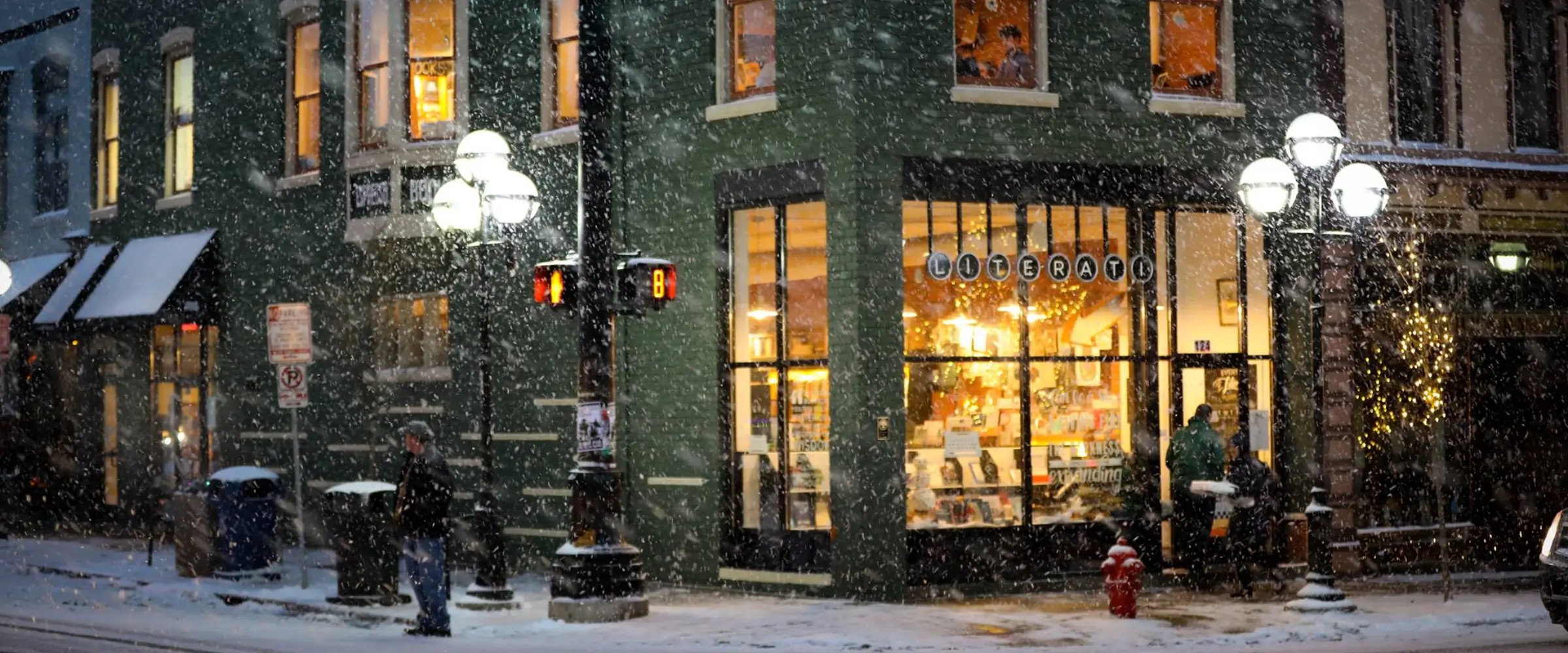 Literati Bookstore in Michigan on a snowy day.