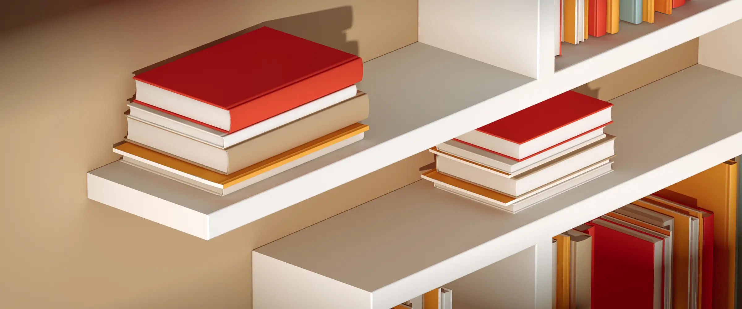 A white bookshelf holding books in shades of orange, yellow, and blue.