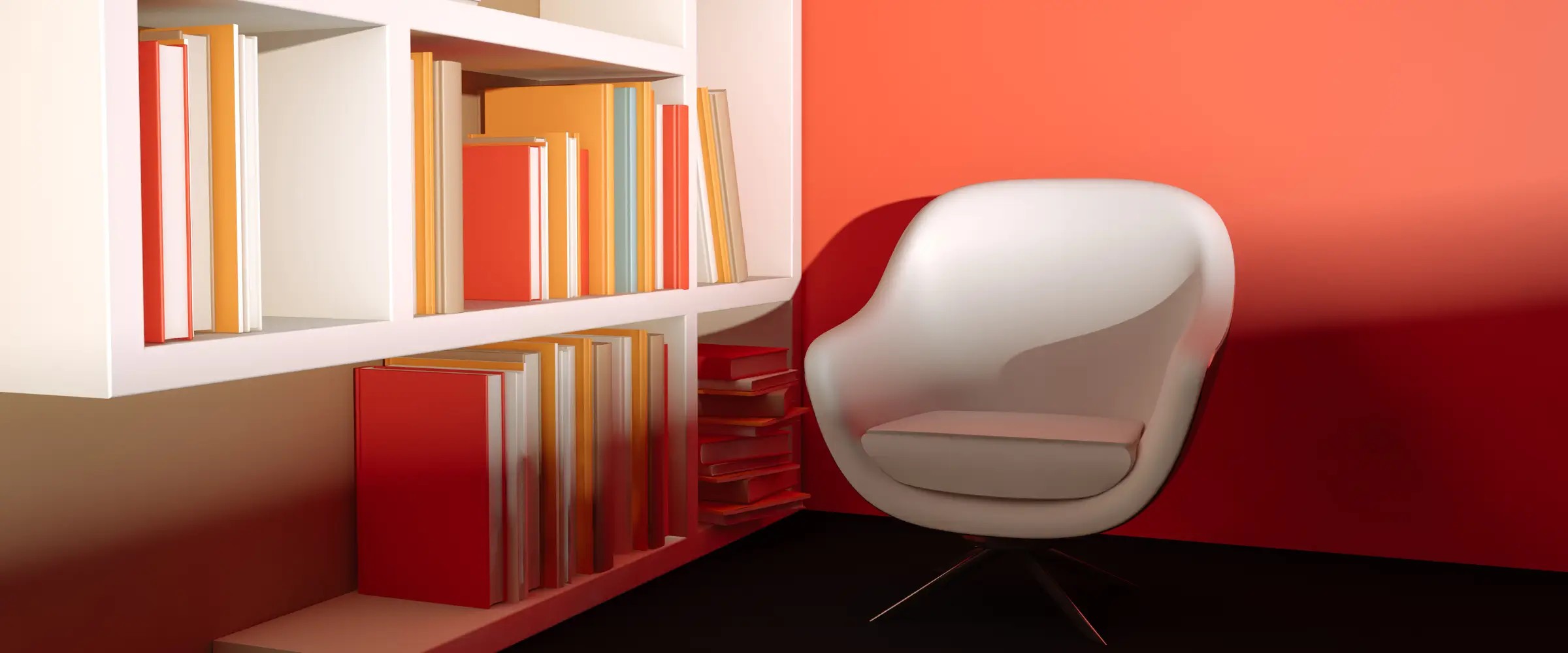 An empty white chair beside a bookshelf filled with books in orange tones.