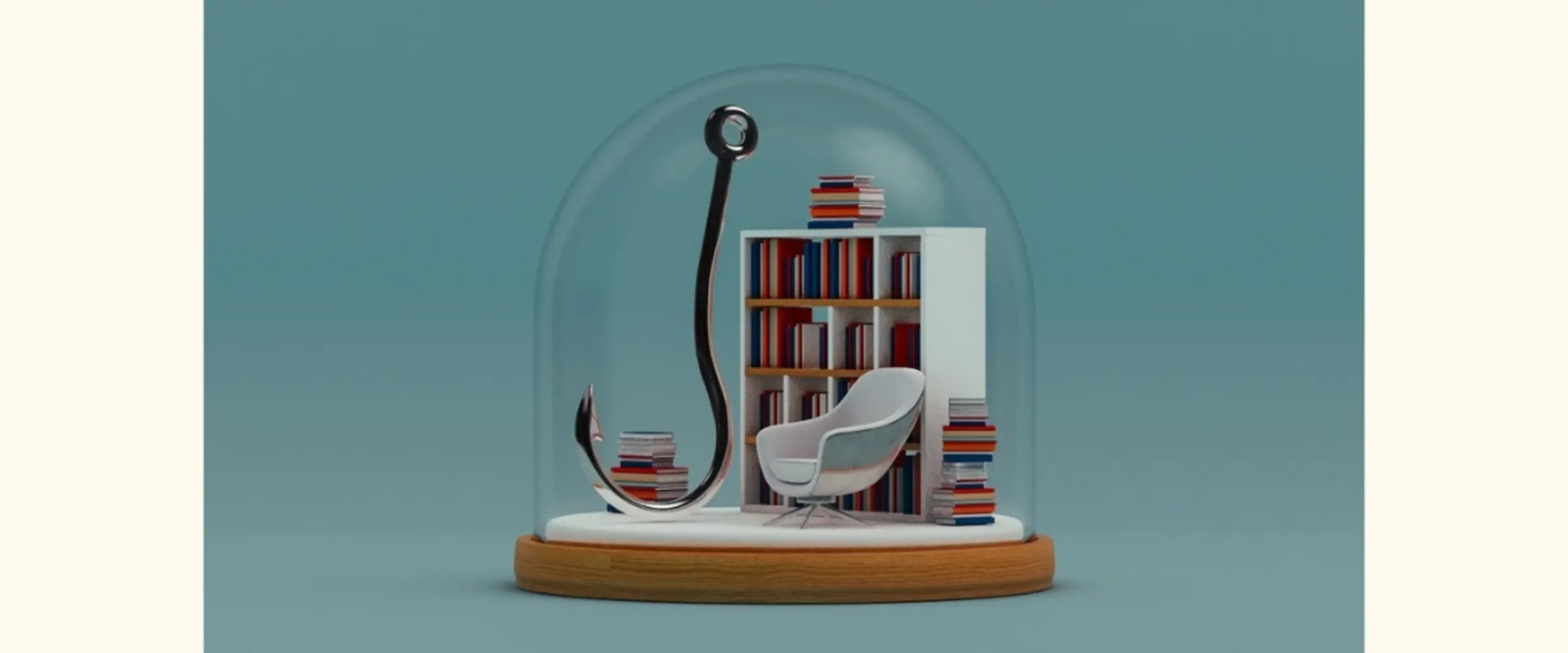 A graphic snowglobe containing a chair, bookshelf, and a large fisherman's hook.