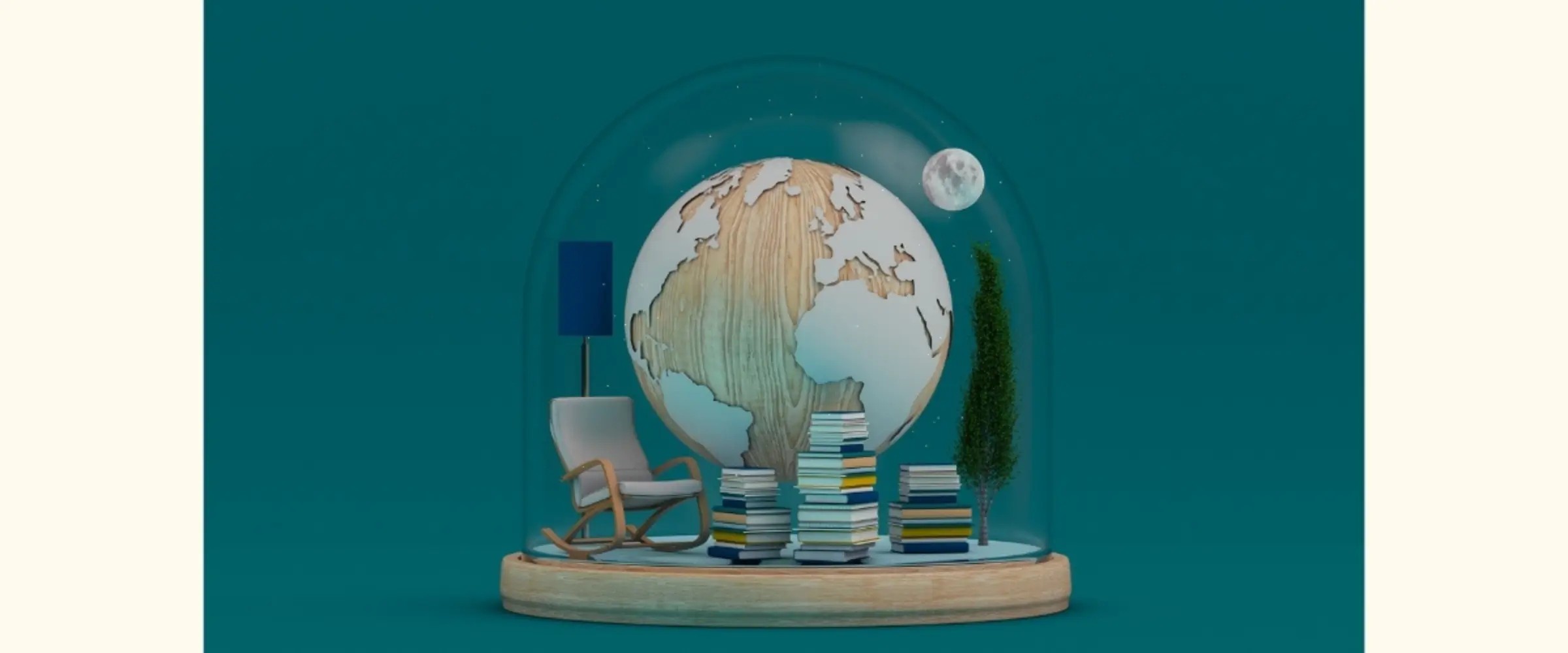 A graphic snowglobe containing a chair, lamp, piles of books, a pot plant and a large wooden globe of the world against a moonlit sky.