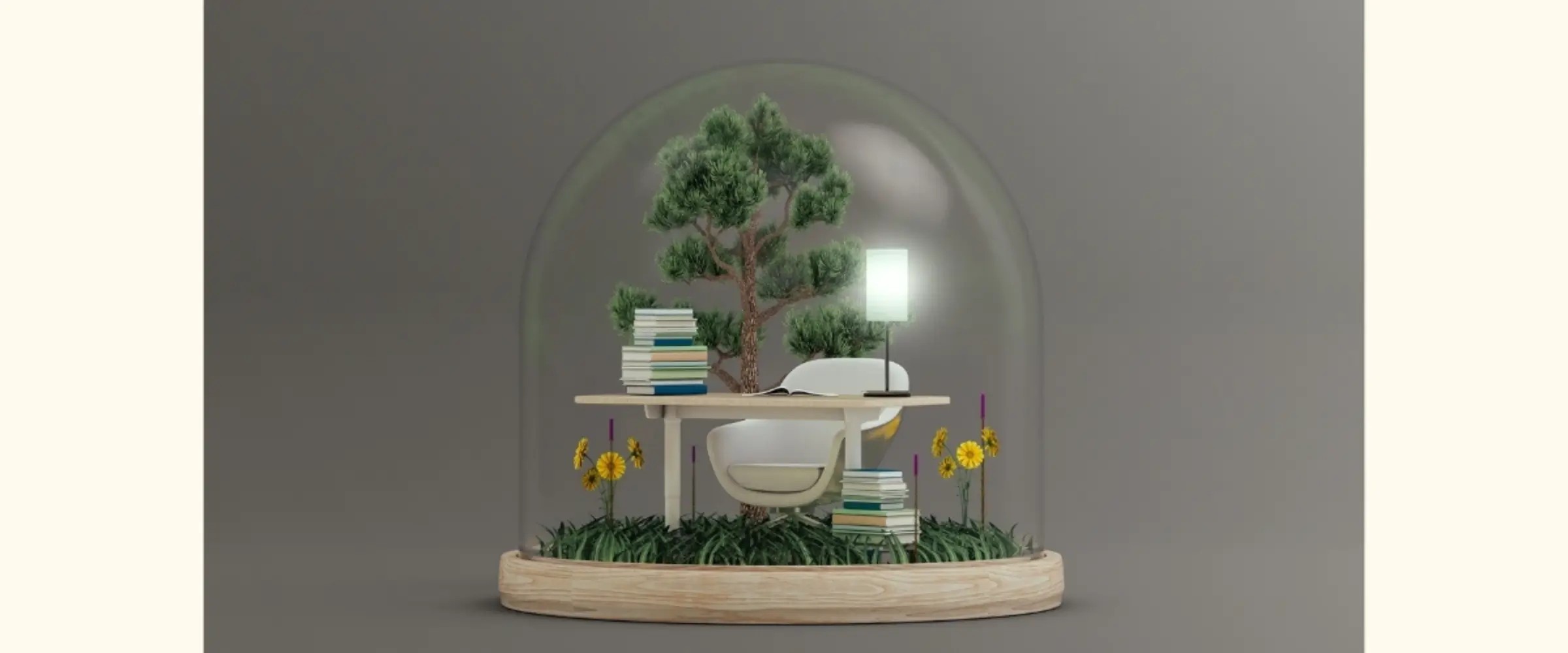 A graphic snowglobe containing a desk and chair with a pile of books amid a nature scene of a tree, grasses, and flowers.