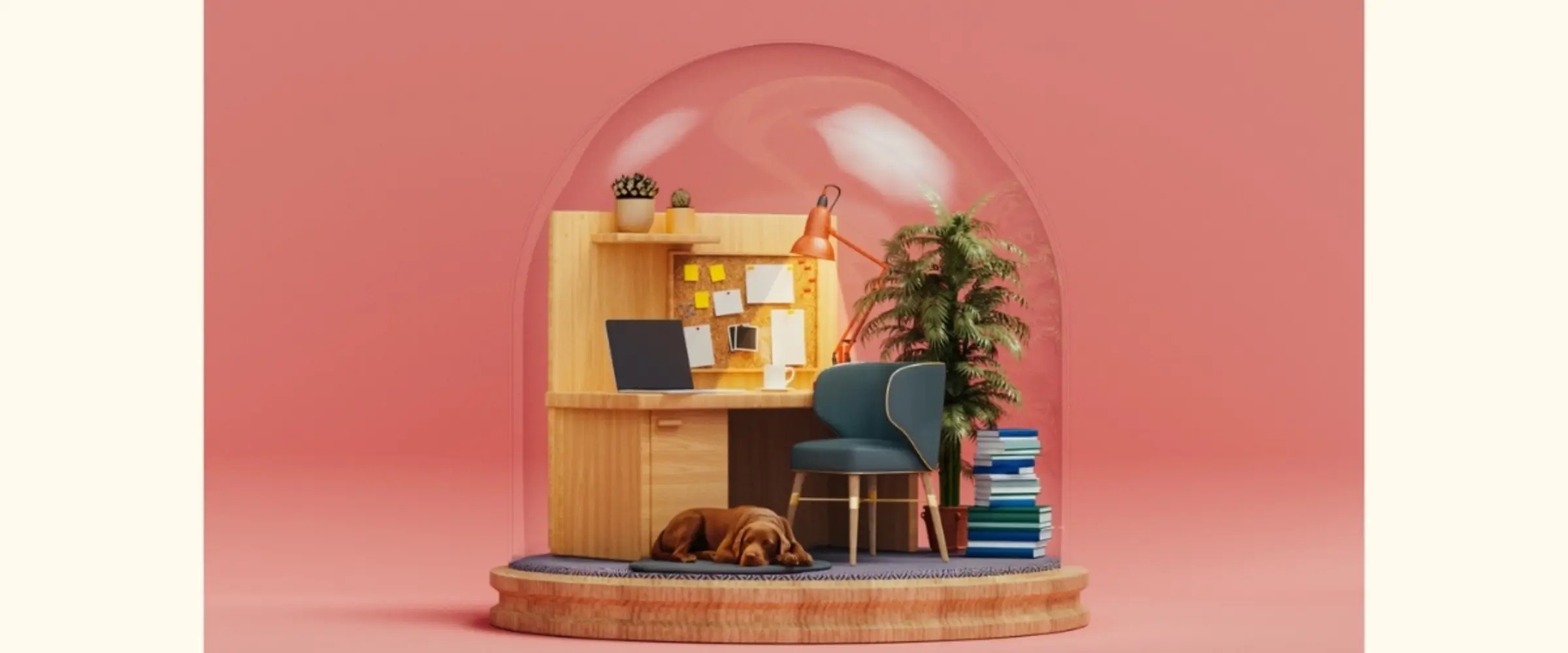 A graphic snowglobe containing a desk, chair, books, pot plant, and a dog asleep on the floor.