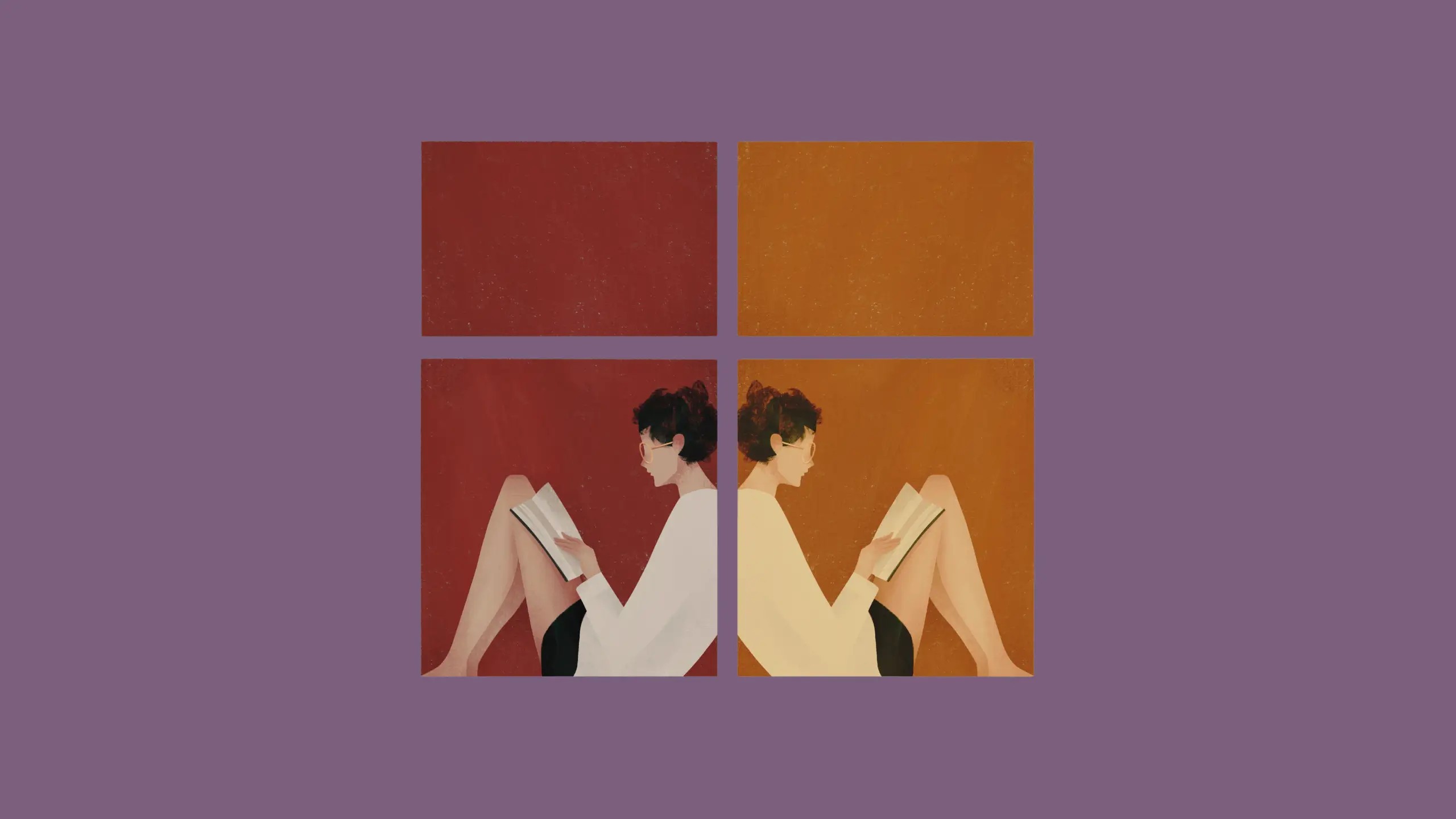 Illustration of two people sitting back to back in windowframes, each reading a book.