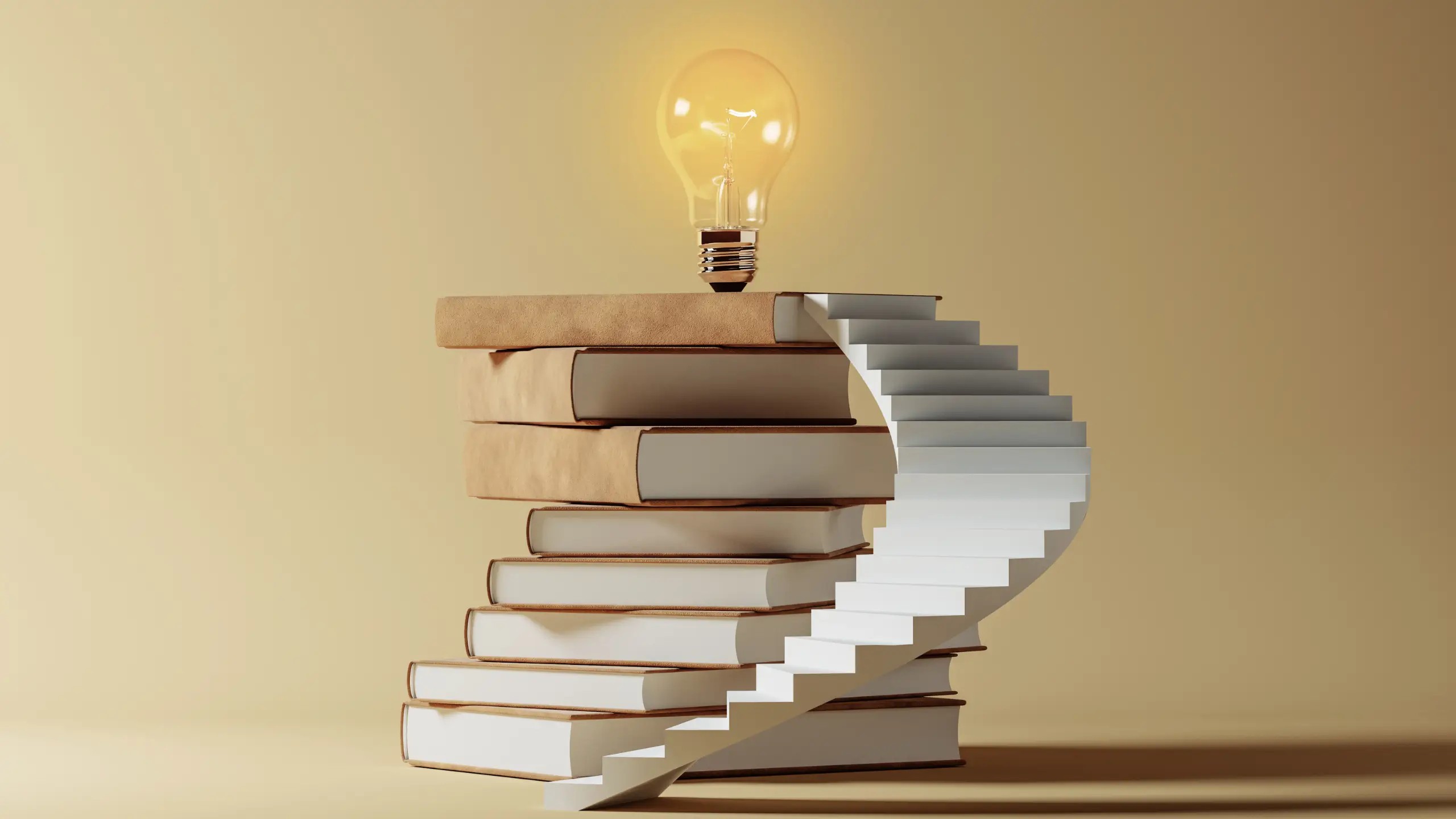 A stack of books with a small staircase leading up to a lit lightbulb on top.