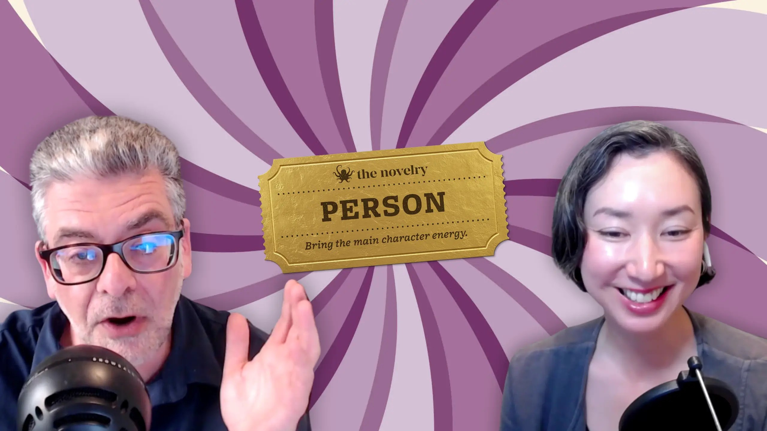 Authors and writing coaches David Solomons and Andrea Stewart sit with microphones against a swirly purple background.